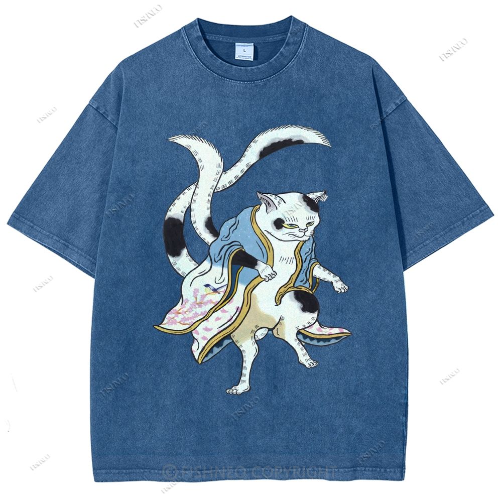Unisex  Japanese Vintage Bogy Cat Printed Washed Tee