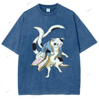 Unisex  Japanese Vintage Bogy Cat Printed Washed Tee