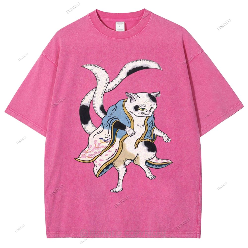 Unisex  Japanese Vintage Bogy Cat Printed Washed Tee