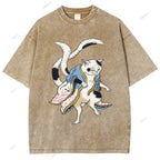 Unisex  Japanese Vintage Bogy Cat Printed Washed Tee