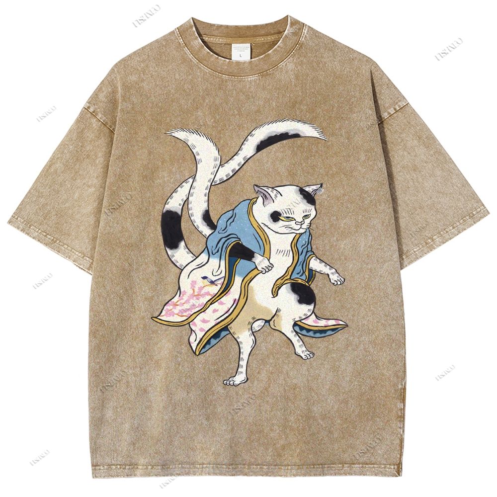 Unisex  Japanese Vintage Bogy Cat Printed Washed Tee