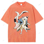 Unisex  Japanese Vintage Bogy Cat Printed Washed Tee