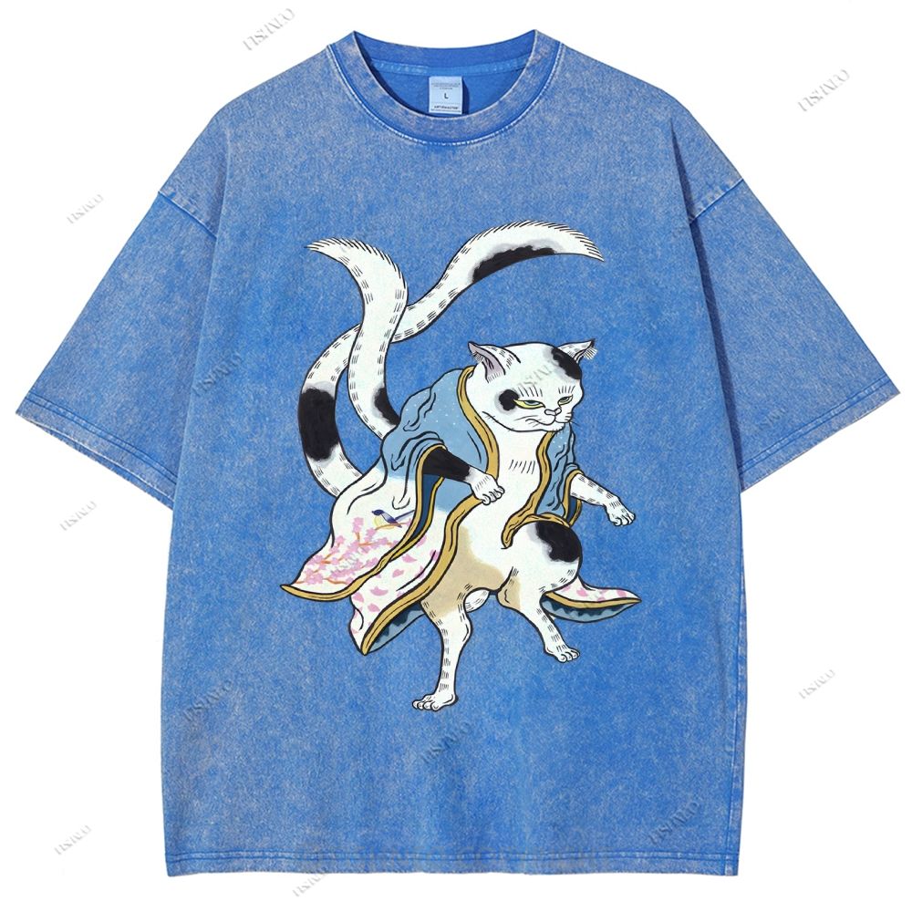 Unisex  Japanese Vintage Bogy Cat Printed Washed Tee