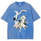 Unisex  Japanese Vintage Bogy Cat Printed Washed Tee