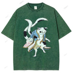 Unisex  Japanese Vintage Bogy Cat Printed Washed Tee