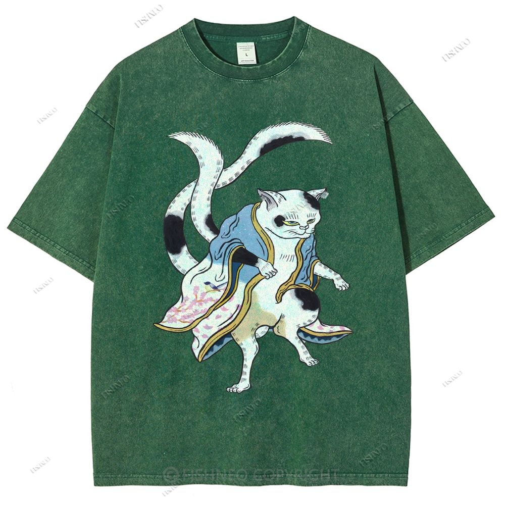 Unisex  Japanese Vintage Bogy Cat Printed Washed Tee