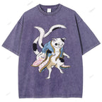 Unisex  Japanese Vintage Bogy Cat Printed Washed Tee