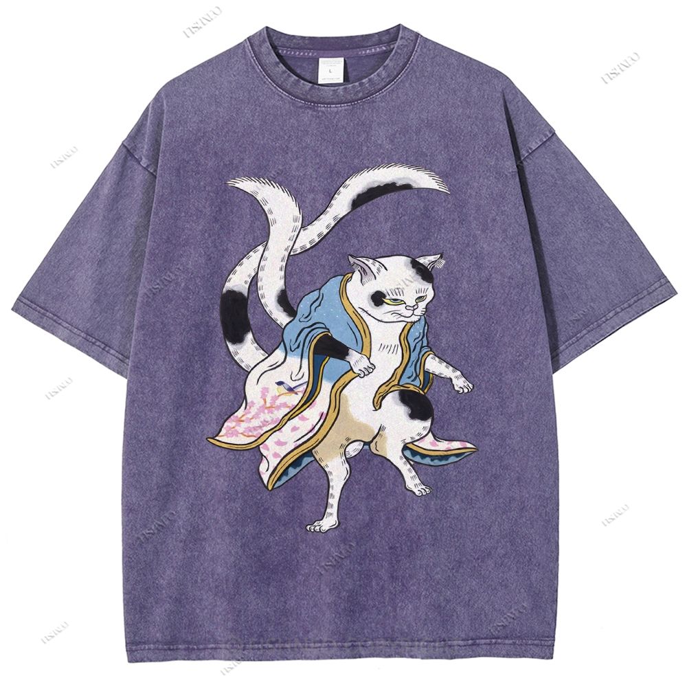 Unisex  Japanese Vintage Bogy Cat Printed Washed Tee