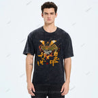 Unisex Japanese Old School Skull Samurai Printed Washed Tee