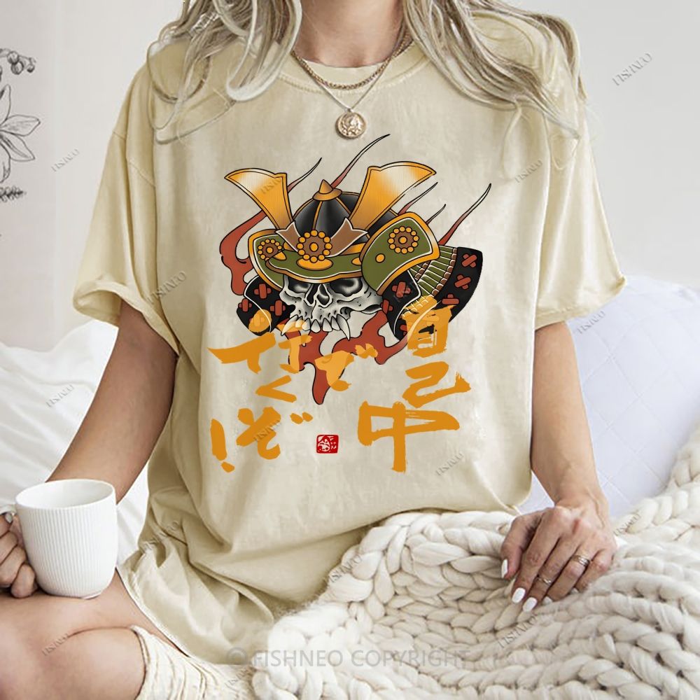 Unisex Japanese Old School Skull Samurai Printed Washed Tee