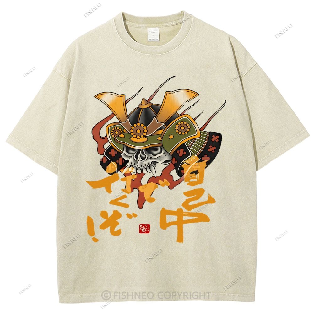 Unisex Japanese Old School Skull Samurai Printed Washed Tee