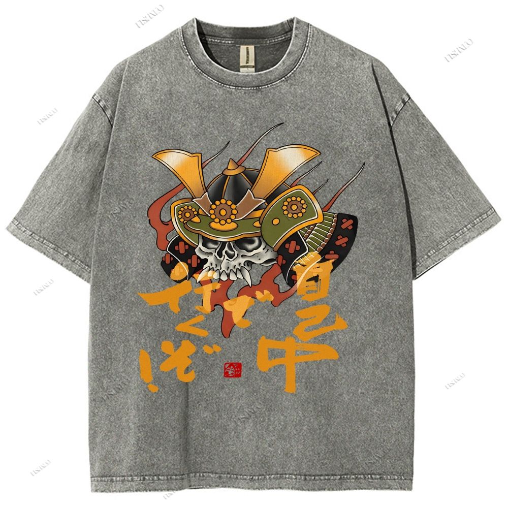 Unisex Japanese Old School Skull Samurai Printed Washed Tee