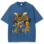 Unisex Japanese Old School Skull Samurai Printed Washed Tee