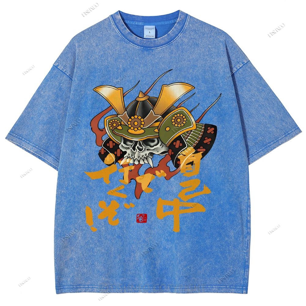 Unisex Japanese Old School Skull Samurai Printed Washed Tee