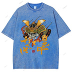 Unisex Japanese Old School Skull Samurai Printed Washed Tee