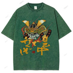Unisex Japanese Old School Skull Samurai Printed Washed Tee