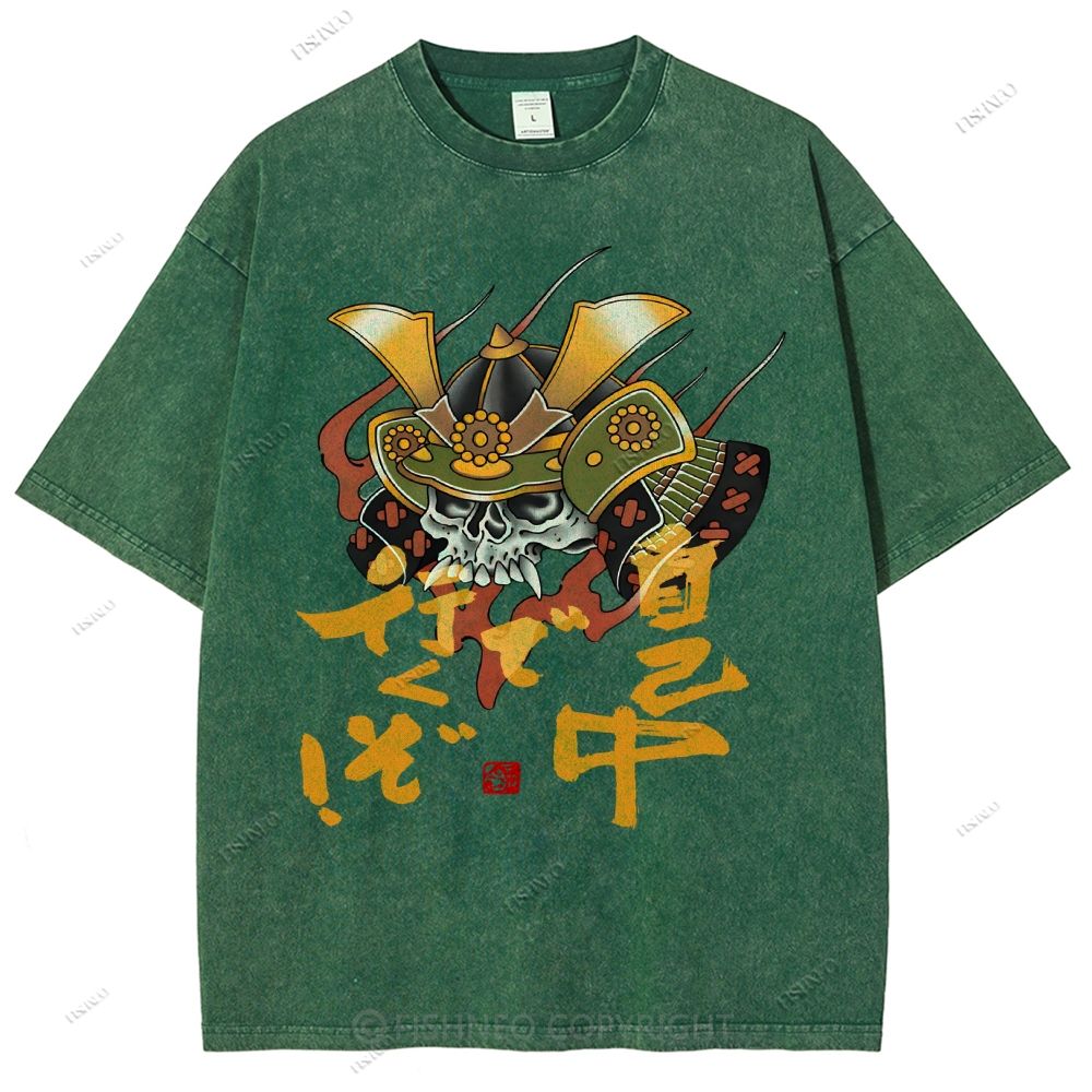 Unisex Japanese Old School Skull Samurai Printed Washed Tee