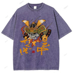 Unisex Japanese Old School Skull Samurai Printed Washed Tee