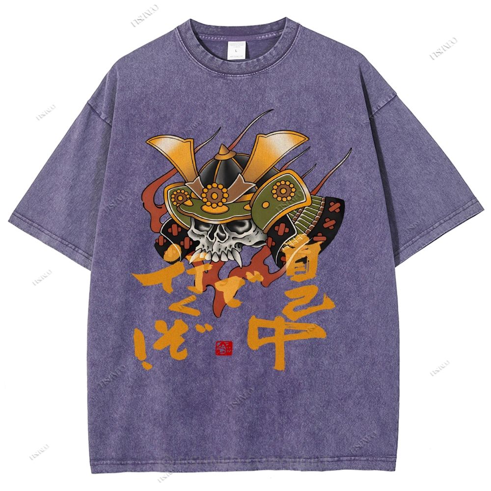 Unisex Japanese Old School Skull Samurai Printed Washed Tee