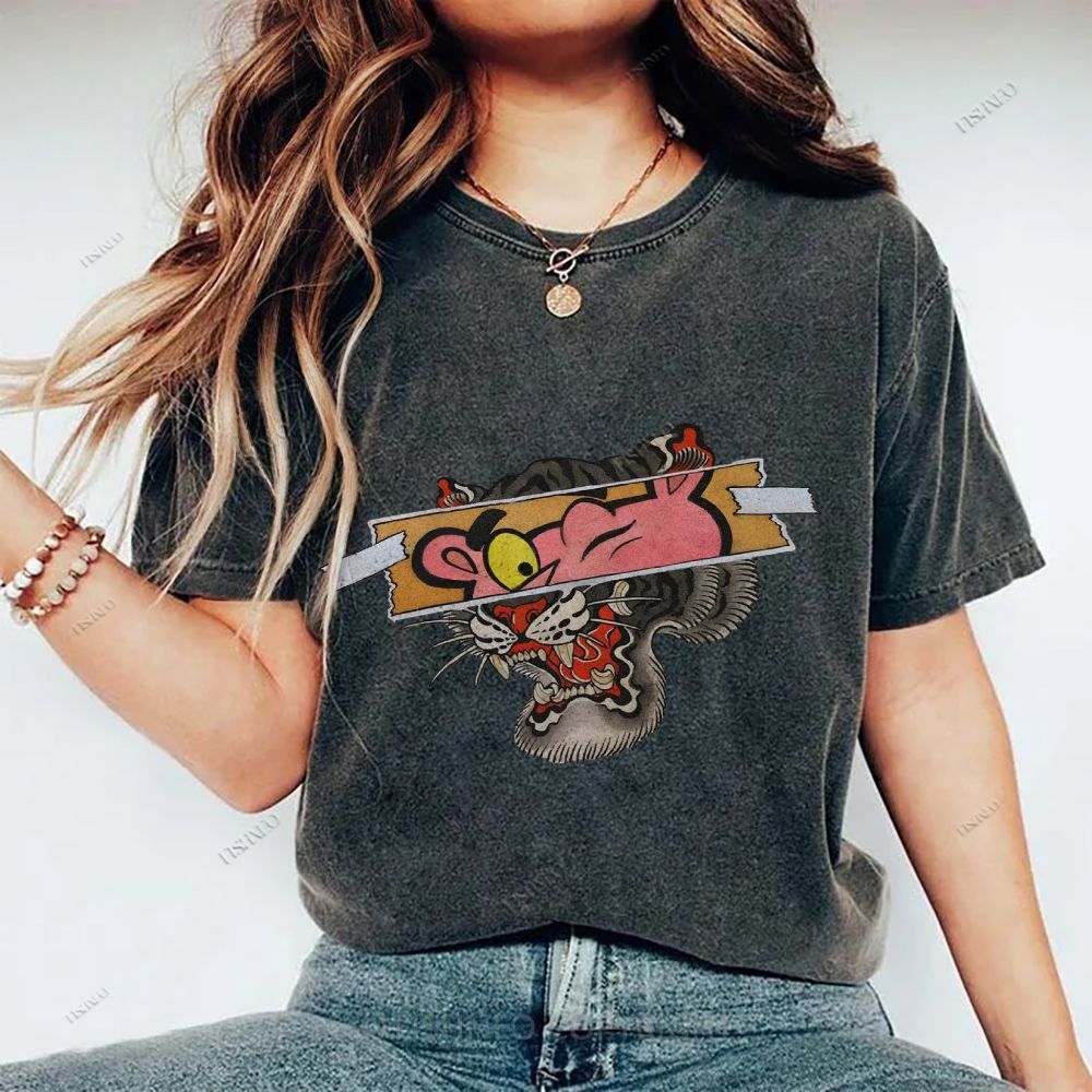 Unisex Vintage Pink Panther Tiger Printed Washed Tee