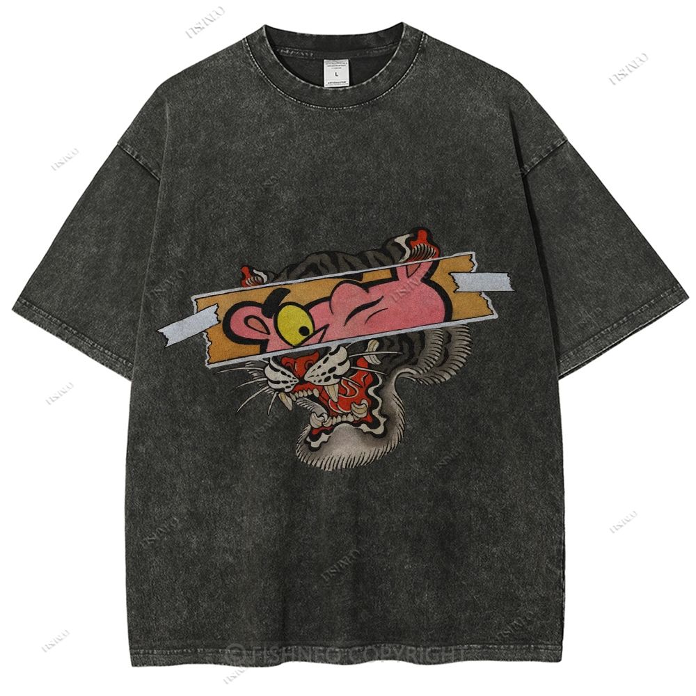 Unisex Vintage Pink Panther Tiger Printed Washed Tee