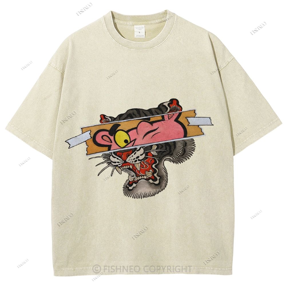 Unisex Vintage Pink Panther Tiger Printed Washed Tee