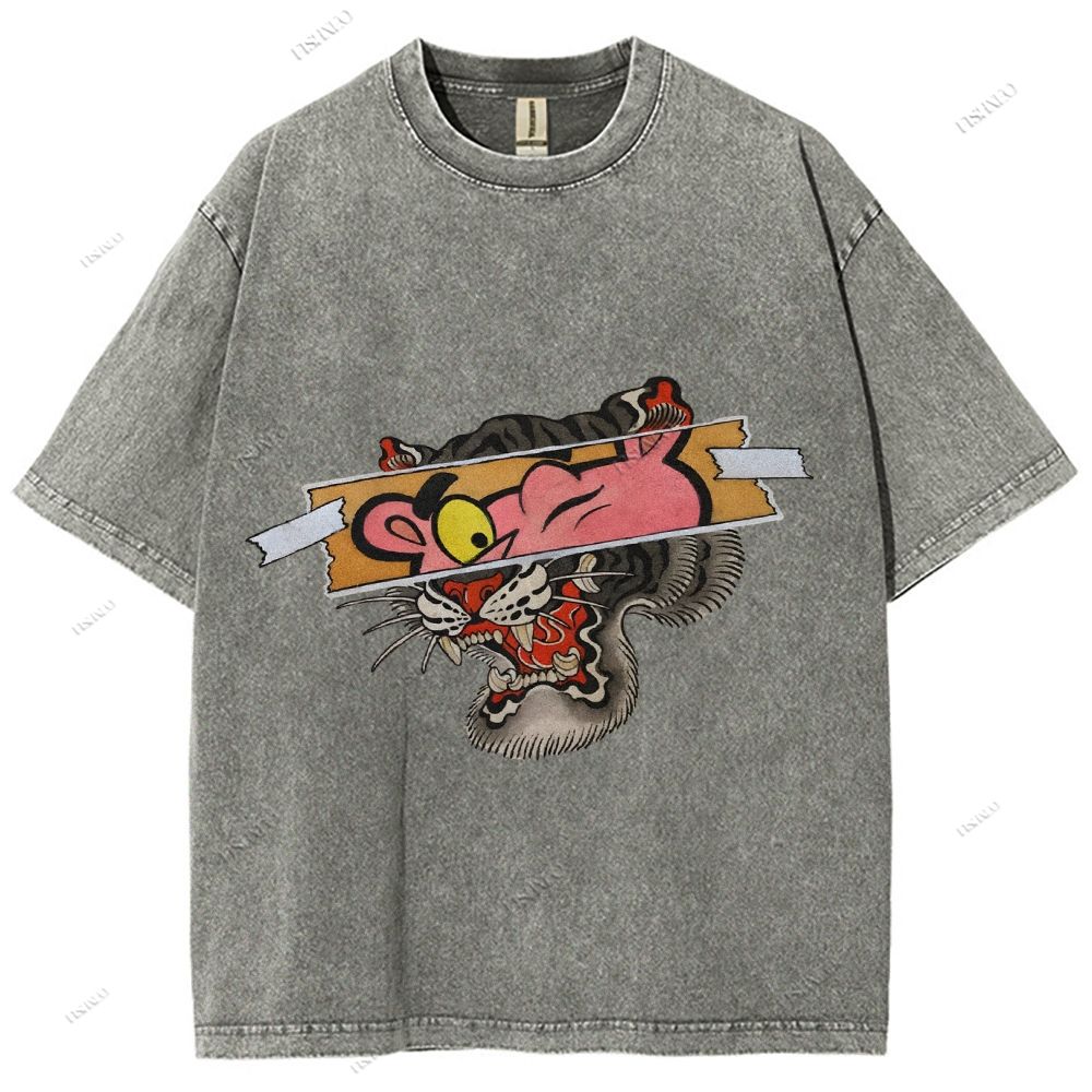 Unisex Vintage Pink Panther Tiger Printed Washed Tee