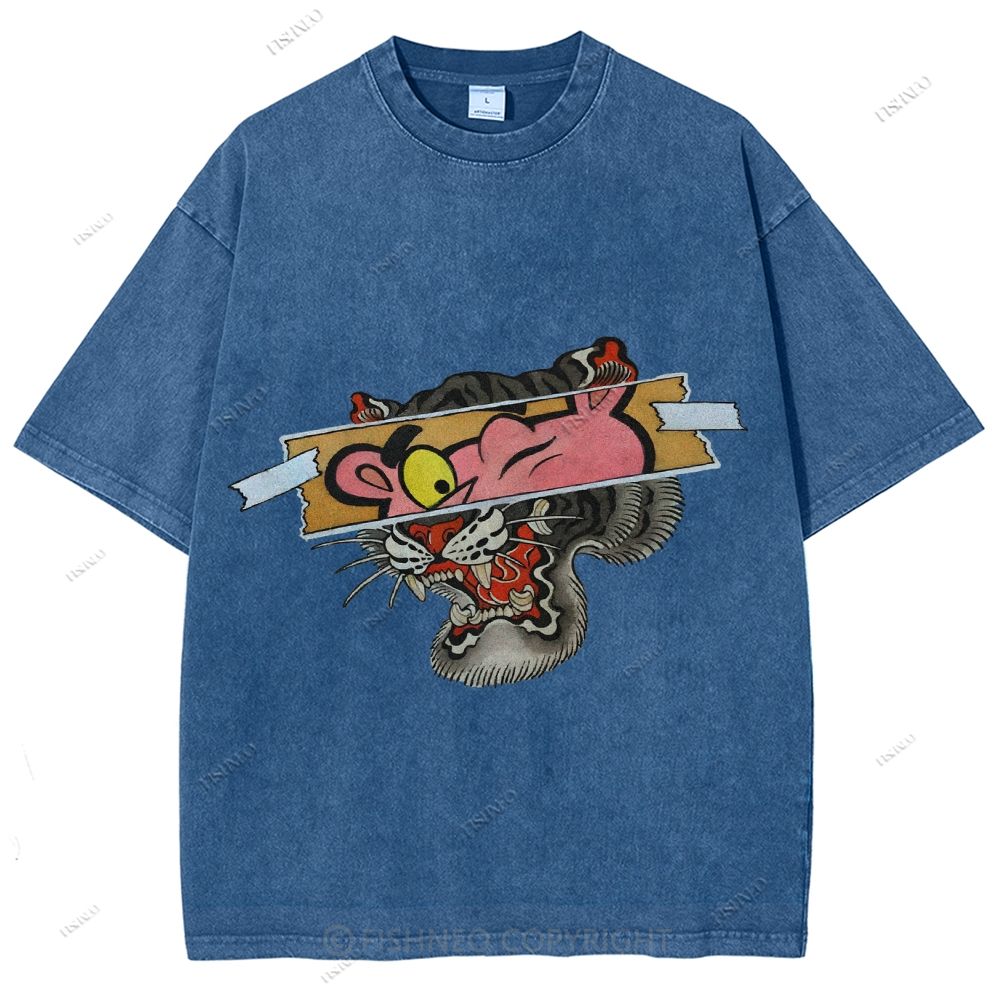 Unisex Vintage Pink Panther Tiger Printed Washed Tee