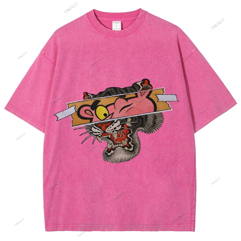 Unisex Vintage Pink Panther Tiger Printed Washed Tee