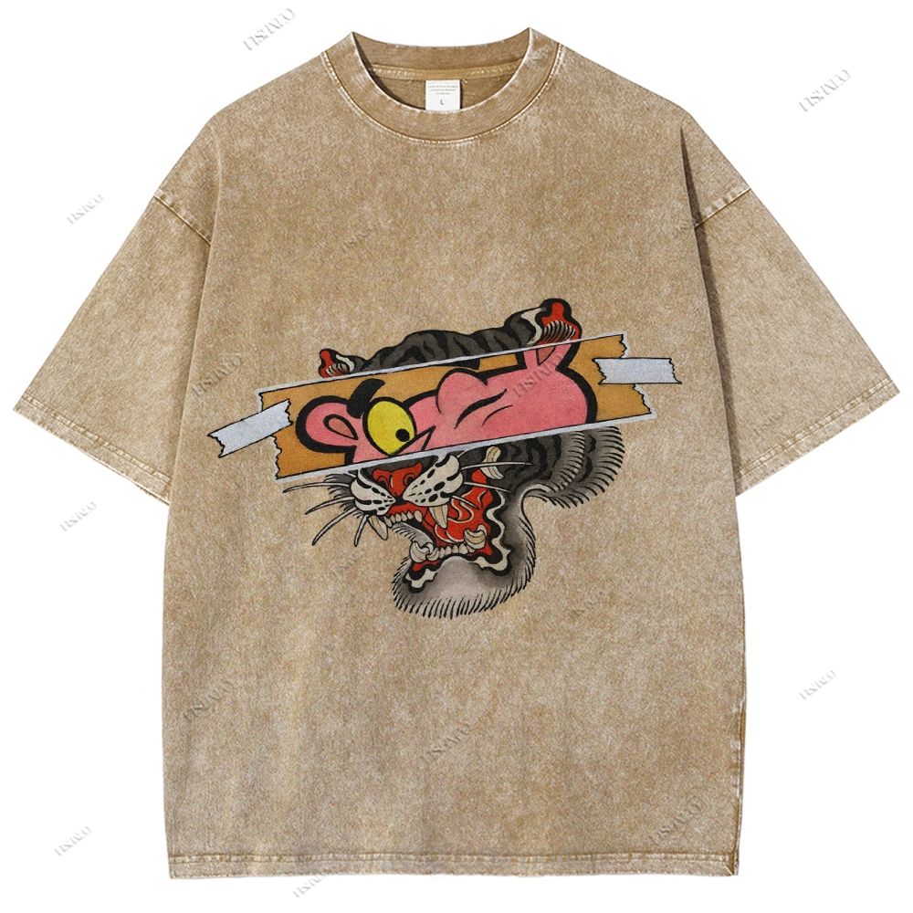Unisex Vintage Pink Panther Tiger Printed Washed Tee