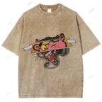 Unisex Vintage Pink Panther Tiger Printed Washed Tee