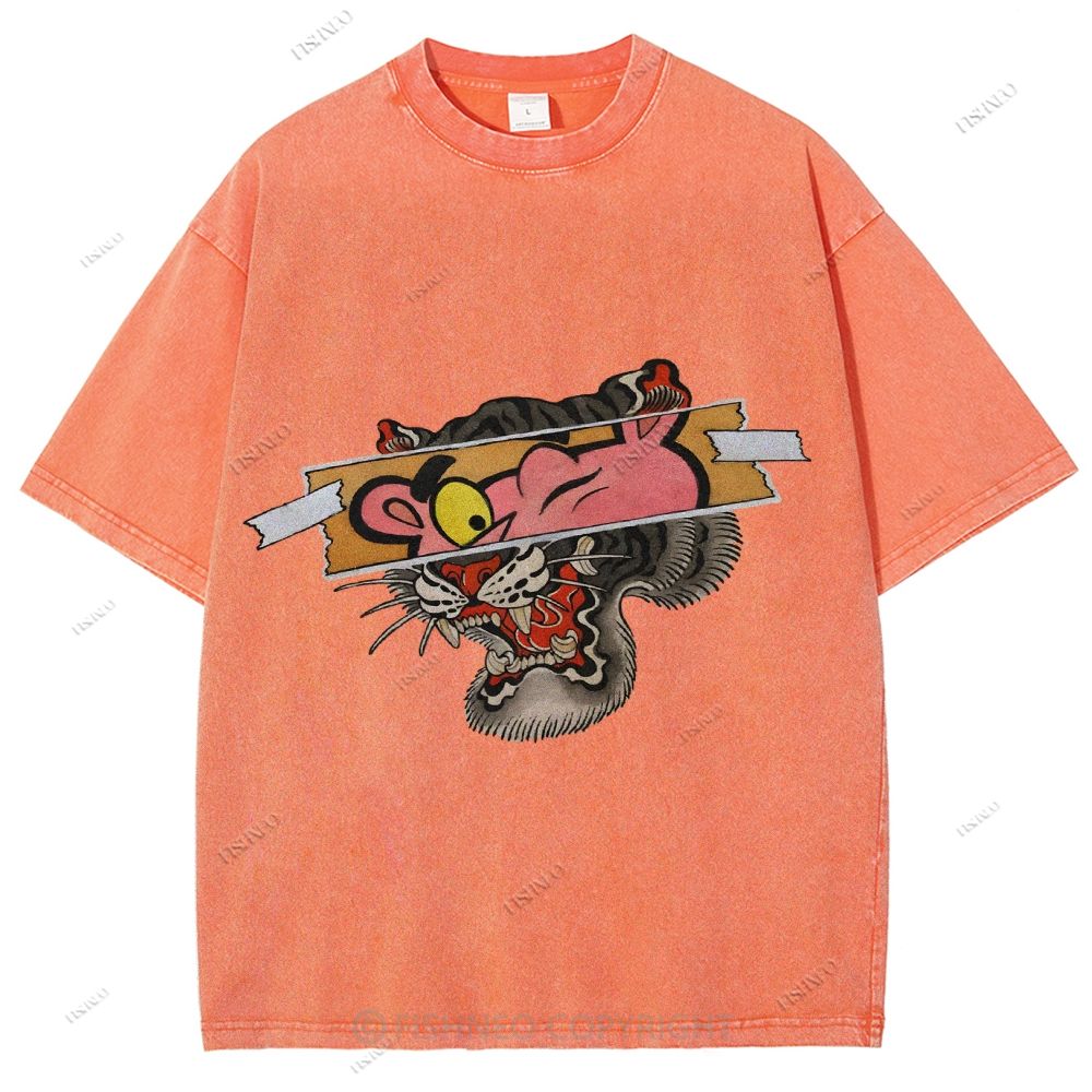 Unisex Vintage Pink Panther Tiger Printed Washed Tee