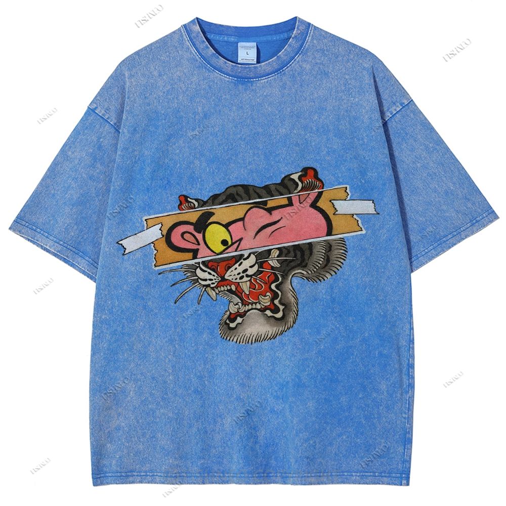 Unisex Vintage Pink Panther Tiger Printed Washed Tee