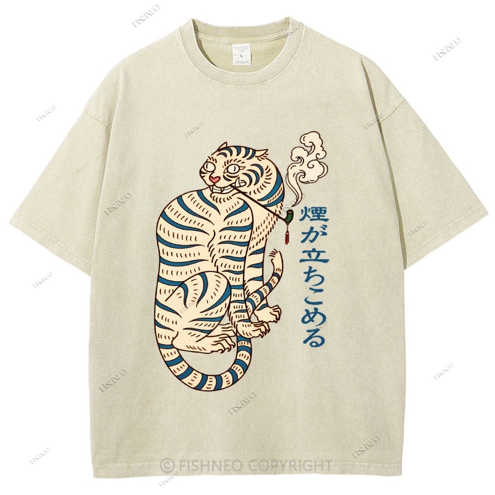 Unisex Japanese Tiger Smoking Printed Washed Tee