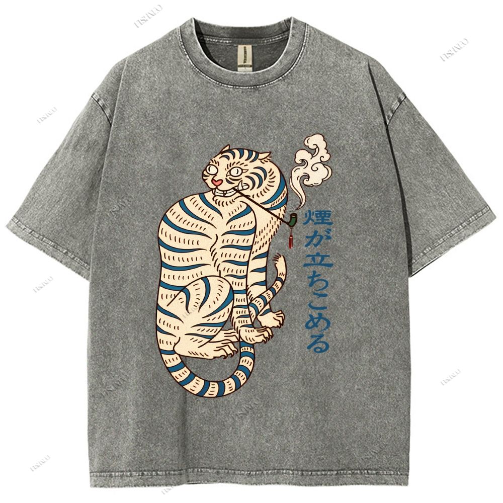 Unisex Japanese Tiger Smoking Printed Washed Tee