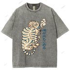 Unisex Japanese Tiger Smoking Printed Washed Tee