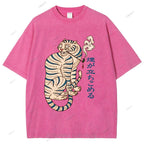 Unisex Japanese Tiger Smoking Printed Washed Tee