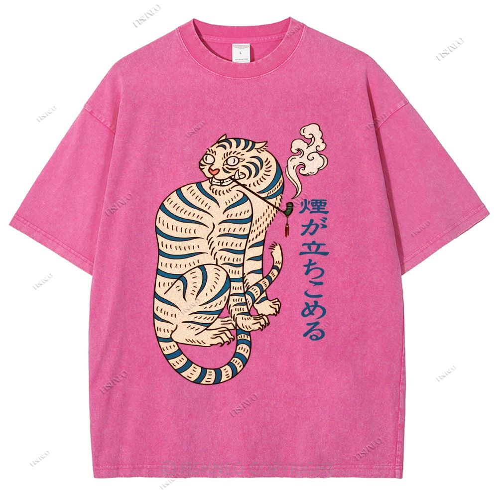 Unisex Japanese Tiger Smoking Printed Washed Tee