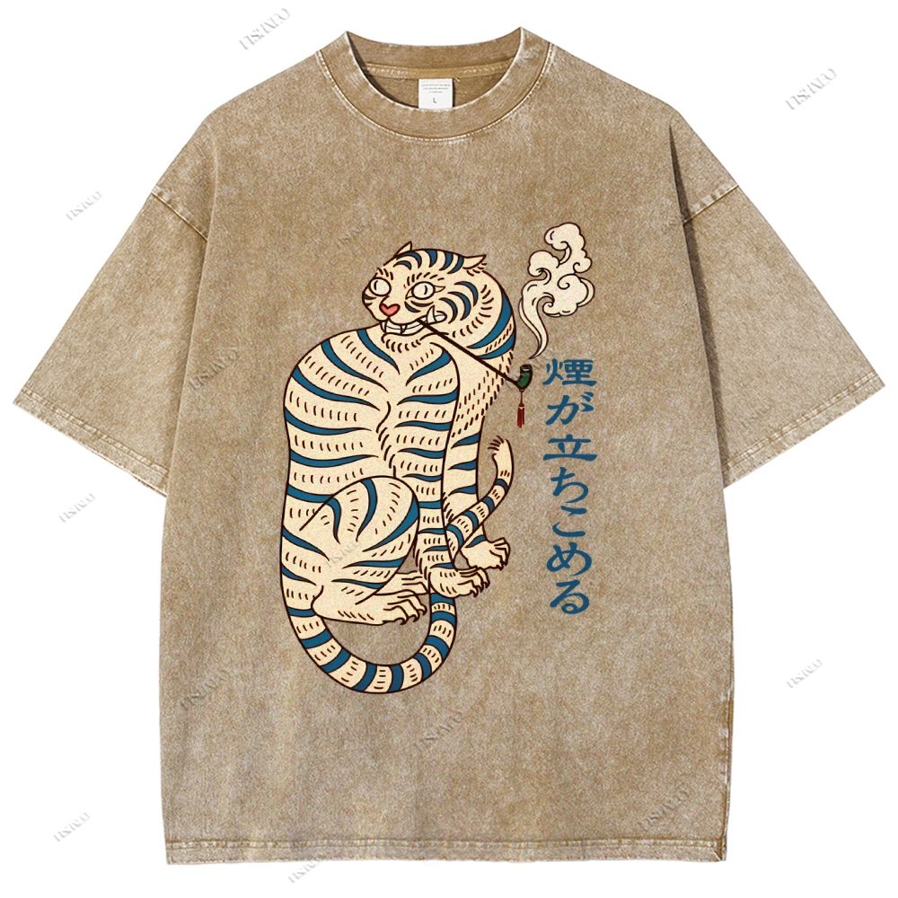 Unisex Japanese Tiger Smoking Printed Washed Tee