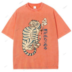 Unisex Japanese Tiger Smoking Printed Washed Tee