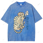 Unisex Japanese Tiger Smoking Printed Washed Tee