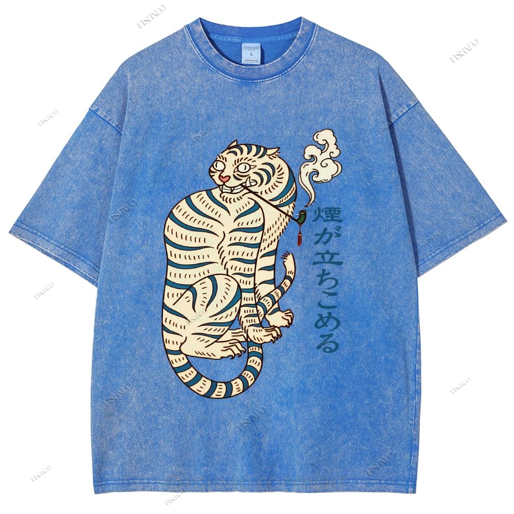 Unisex Japanese Tiger Smoking Printed Washed Tee