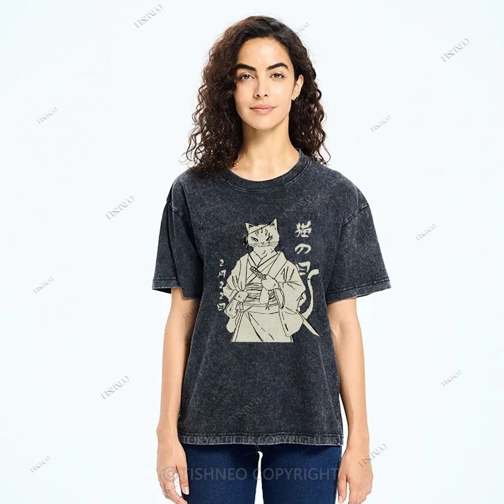 Unisex Japanese Cat Samurai Printed Washed Tee