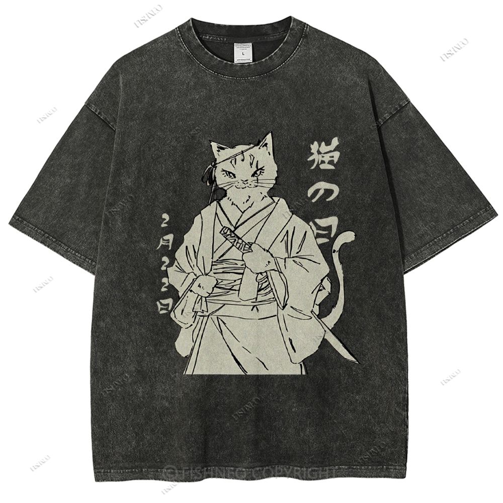 Unisex Japanese Cat Samurai Printed Washed Tee
