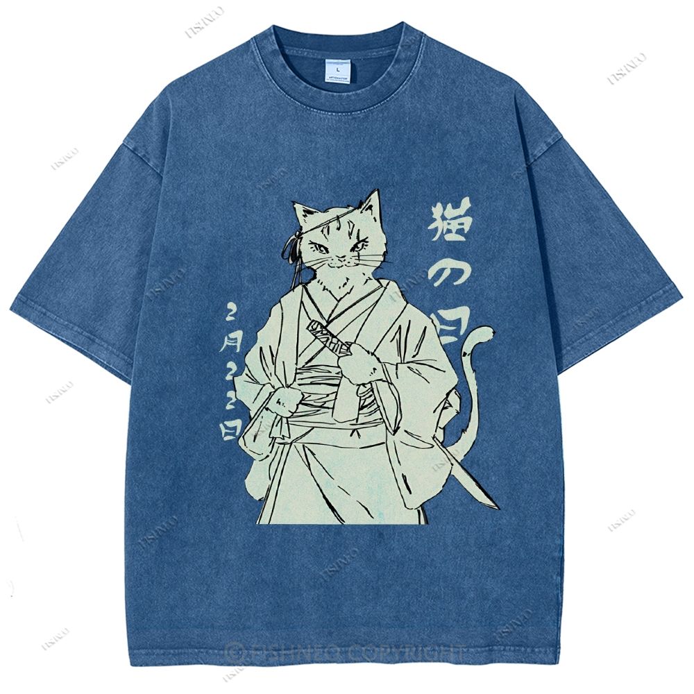 Unisex Japanese Cat Samurai Printed Washed Tee