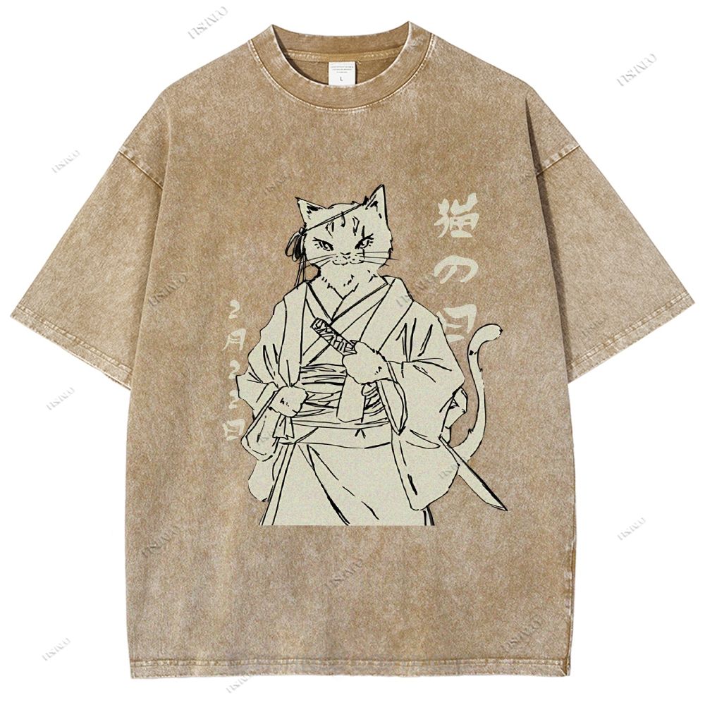 Unisex Japanese Cat Samurai Printed Washed Tee