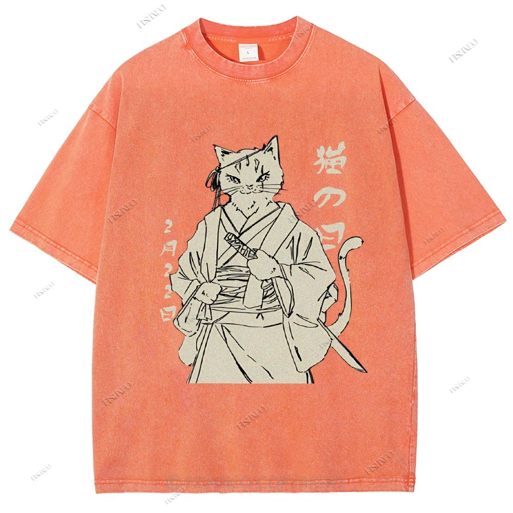 Unisex Japanese Cat Samurai Printed Washed Tee