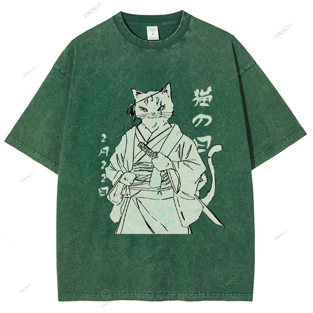Unisex Japanese Cat Samurai Printed Washed Tee