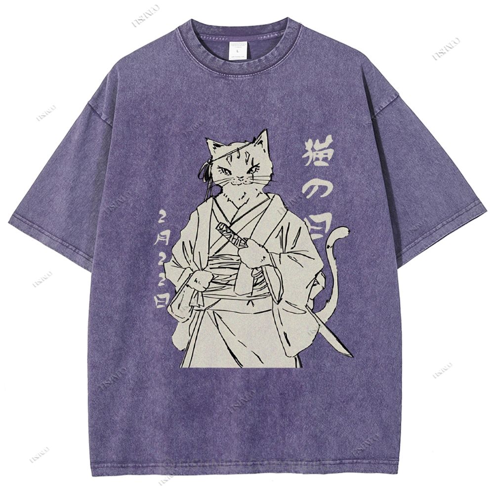 Unisex Japanese Cat Samurai Printed Washed Tee