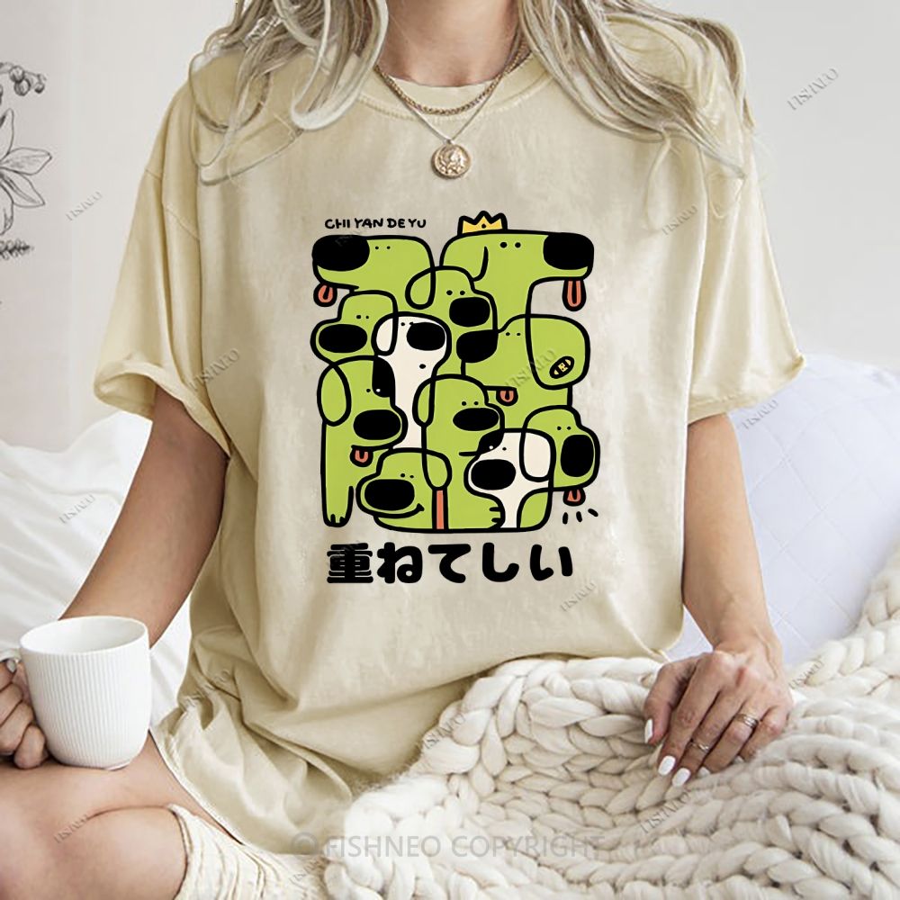 Unisex Japanese Dog Graffiti Printed Washed Tee